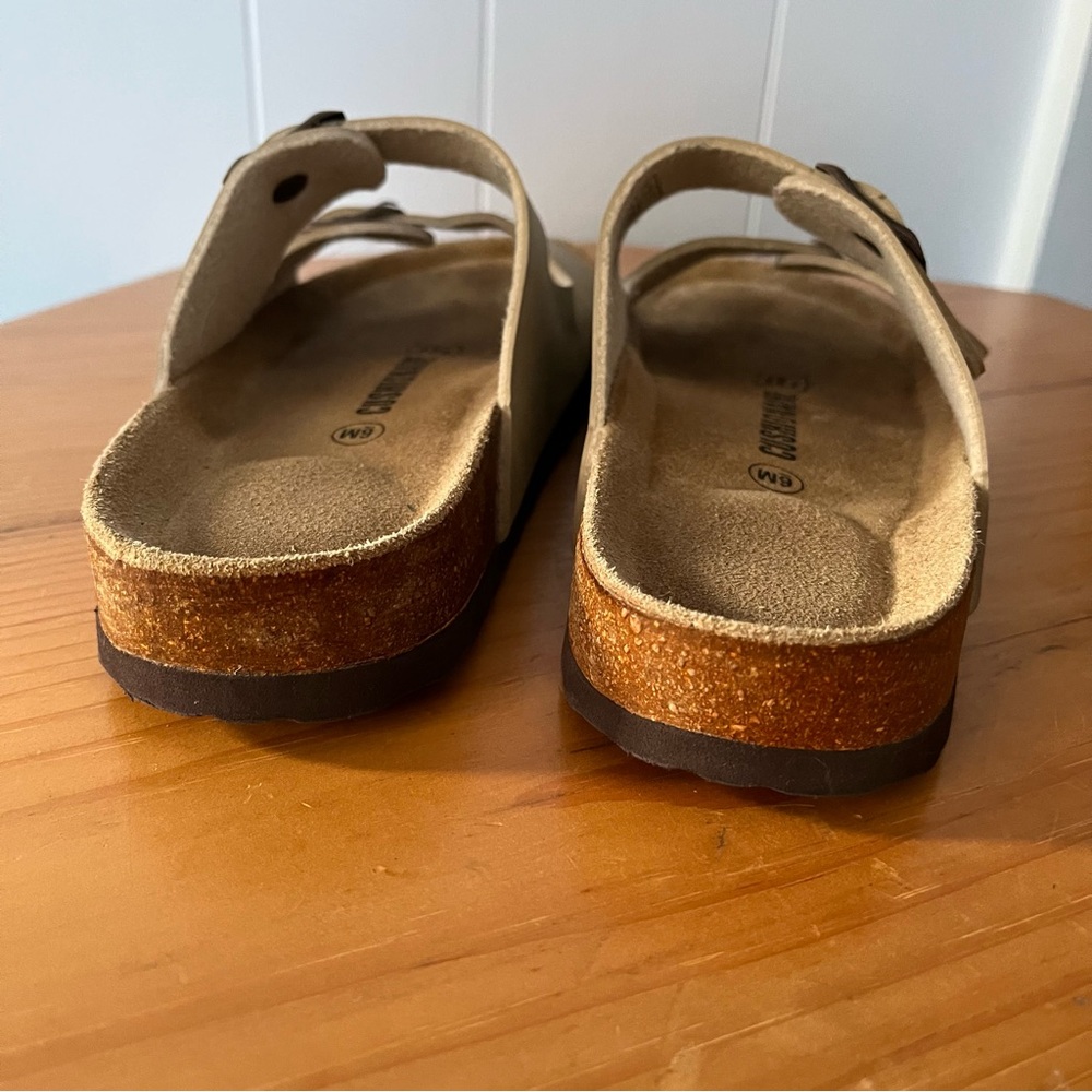 Cushionaire Lane Cork Footbed Sandals Slip On Two Strap Buckle Stone Tan Comfy - Picture 7 of 11